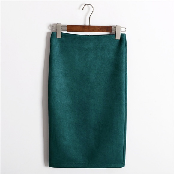 Womens Suede Pencil Midi Skirt in Peacock Green - Picture 6 of 6